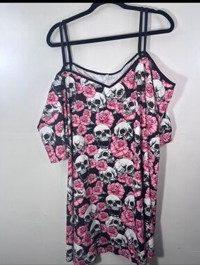 Pink Rose & Skull Cold-Shoulder Dress